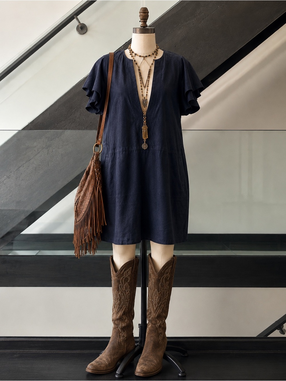 Vince 100% Leather Navy Shift Mini Dress Flutter Sleeve XS